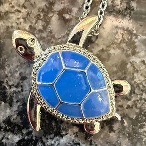 Silver Tone Blue Sea Turtle Pendant Necklace